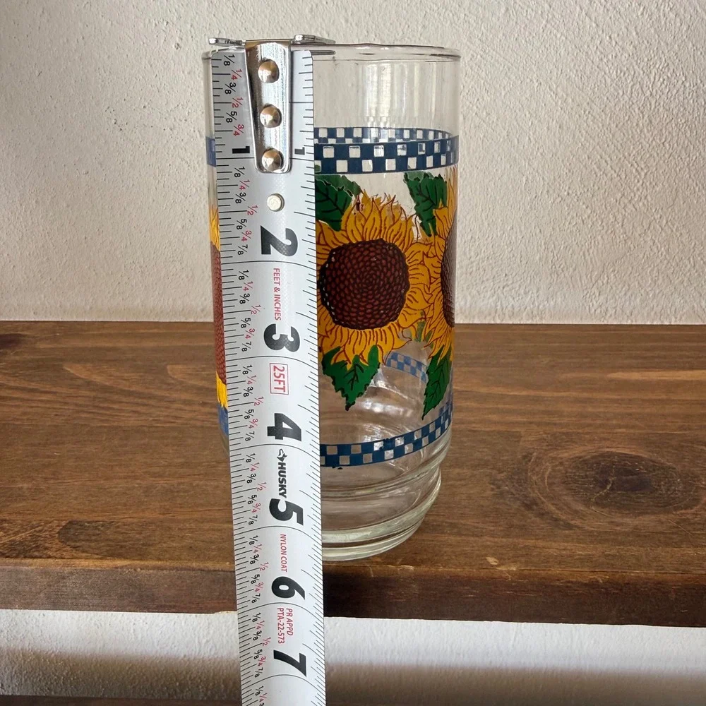 Vintage Sunflower Drinking Glass Blue Checkered Tall Tumbler Replacement Farm